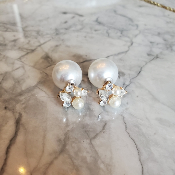 Pearl CZ ear jacket stud Earring statement costume - Picture 2 of 3